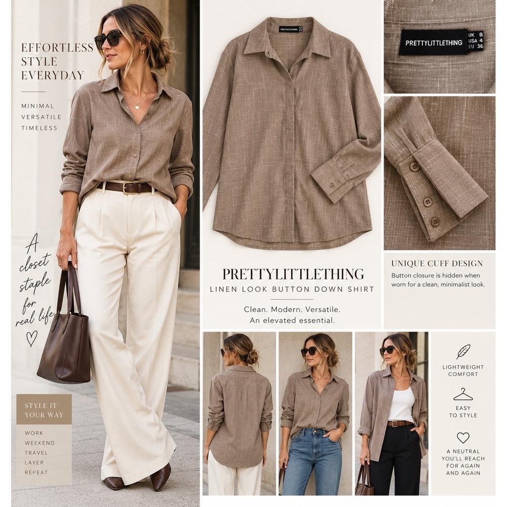PrettyLittleThing Taupe Linen Look Minimalist Button Down Shirt Womens 4